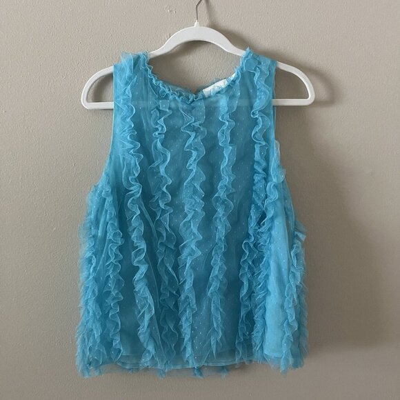 Mauve Ruffle Top Sheer Chiffon Blue Polka Dot Delicate Coquette Feminine Aqua M - Picture 1 of 7